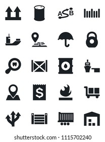 Set of vector isolated black icon - route vector, navigation, pin, sea shipping, truck trailer, receipt, port, container, cargo, umbrella, up side sign, heavy, flammable, oil barrel, search, barcode