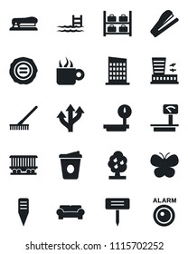 Set of vector isolated black icon - luggage storage vector, airport building, coffee, stamp, rake, butterfly, plant label, route, railroad, heavy scales, stapler, pool, fruit tree, city house