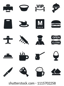 Set of vector isolated black icon - cook vector, restaurant table, menu, reception, coffee, beer, waiter, egg stand, vip zone, open close, chicken, ham, hamburger, bowl, rolling pin, cutting board