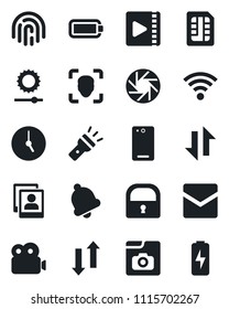 Set of vector isolated black icon - phone back vector, mobile camera, clock, bell, mail, sim, data exchange, wireless, torch, brightness, lock, face id, fingerprint, video, photo gallery, battery