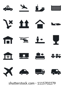 Set of vector isolated black icon - arrival vector, baggage conveyor, escalator, alarm car, larry, plane, helicopter, sea shipping, cargo container, delivery, fragile, warehouse storage, no trolley