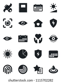 Set of vector isolated black icon - sun vector, radar, heart hand, eye, satellite, term, favorites list, protect, brightness, id, fingerprint, calendar, copybook, pie graph, sweet home, water