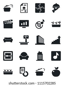 Set of vector isolated black icon - office building vector, growth statistic, monitor, document reload, seedling, heavy scales, clapboard, scanner, music, application, estate, cushioned furniture