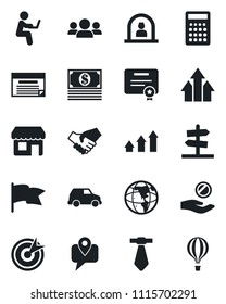 Set of vector isolated black icon - reception vector, mobile tracking, target, group, arrow up graph, handshake, earth, investment, flag, cash, calculator, car, schedule, certificate, tie, guidepost
