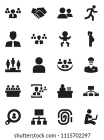 Set of vector isolated black icon - baby vector, pedestal, team, meeting, run, doctor, pregnancy, group, user, company, hr, manager desk, client search, estate agent, fingerprint, handshake