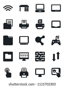 Set of vector isolated black icon - desk vector, notebook pc, printer, monitor pulse, folder document, gamepad, tv, touch screen, laptop, share, data exchange, wireless, chip, home control app