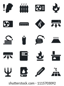 Set of vector isolated black icon - fire vector, hose, fireplace, thermometer, heater, air conditioner, candle, water, smoke detector, warm floor