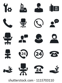 Set of vector isolated black icon - 24 around vector, office chair, phone, hours, support, speaker, radio, call, root setup, palm sproute
