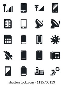 Set of vector isolated black icon - satellite antenna vector, mobile phone, virus, cell, low battery, back, sim, mute, cellular signal, office, sun panel
