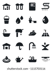 Set of vector isolated black icon - watering can vector, bucket, water drop, drip irrigation, sea shipping, port, umbrella, warehouse, pool, supply, bathroom, heater, filter, warm floor, sprinkler