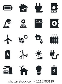 Set of vector isolated black icon - bulb vector, factory, oil barrel, brightness, battery, charge, desk lamp, sun panel, windmill, heater, home control, eco house, power plug, water