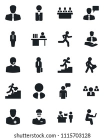 Set of vector isolated black icon - passport control vector, manager, speaking man, team, run, doctor, client, support, desk, meeting, career ladder, estate agent, waiter, with notebook