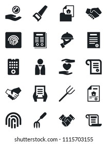 Set of vector isolated black icon - document vector, garden fork, farm, saw, heart hand, fingerprint id, handshake, contract, estate, waiter, remote control, investment