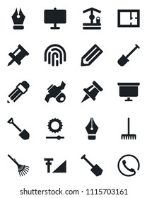 Set of vector isolated black icon - presentation board vector, job, pencil, shovel, rake, well, satellite, brightness, fingerprint id, cellular signal, drawing pin, ink pen, plan, phone