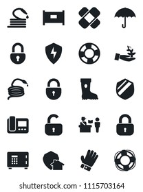 Set of vector isolated black icon - fence vector, passport control, safe, lock, glove, boot, hose, patch, umbrella, shield, protect, intercome, home, palm sproute, crisis management