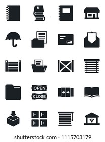 Set of vector isolated black icon - automatic door vector, checkroom, book, store, container, umbrella, package, mail, folder, copybook, document, open close, jalousie, garage gate control