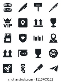 Set of vector isolated black icon - vip vector, pen, stamp, plant label, heart shield, pin, fragile, up side sign, no hook, barcode, sd, cut, place tag, sale, open close, paper plane