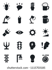 Set of vector isolated black icon - brainstorm vector, bulb, sun, eye, traffic light, torch, brightness, desk lamp, beer, candle, smoke detector, energy saving, outdoor, alarm led