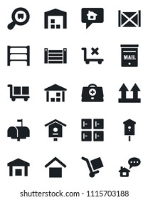 Set of vector isolated black icon - checkroom vector, bird house, doctor case, container, cargo, warehouse storage, up side sign, no trolley, search, rack, mailbox, home message