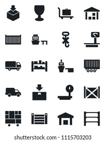 Set of vector isolated black icon - baggage trolley vector, truck trailer, cargo container, car delivery, sea port, consolidated, fragile, no hook, warehouse, package, heavy scales, rack