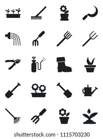Set of vector isolated black icon - job vector, flower in pot, garden fork, shovel, farm, rake, seedling, watering can, pruner, boot, sickle, sprayer, irrigation