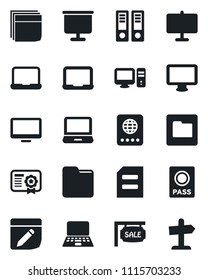 Set of vector isolated black icon - passport vector, office binder, notebook pc, document, monitor, laptop, folder, notes, presentation board, blank box, sale, certificate, guidepost