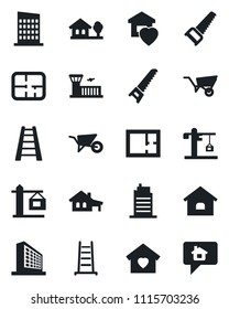 Set of vector isolated black icon - airport building vector, office, ladder, wheelbarrow, saw, house, with garage, tree, plan, sweet home, city, crane, message