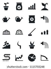 Set of vector isolated black icon - seedling vector, watering can, sproute, hoe, sickle, greenhouse, fertilizer, drip irrigation, bar graph, pie, career ladder, arrow up, growth, crisis
