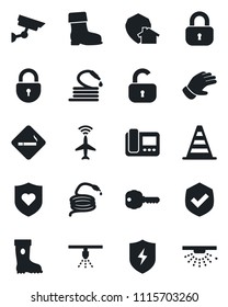 Set of vector isolated black icon - plane radar vector, smoking place, border cone, lock, glove, boot, hose, heart shield, protect, key, intercome, home, surveillance, sprinkler