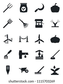 Set of vector isolated black icon - fence vector, garden fork, farm, rake, wheelbarrow, well, hoe, sickle, plant label, pumpkin, fertilizer, drip irrigation, windmill