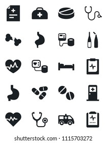 Set of vector isolated black icon - bed vector, medical room, heart pulse, doctor case, diagnosis, stethoscope, blood pressure, pills, ampoule, ambulance car, stomach, broken bone, clipboard