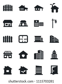 Set of vector isolated black icon - fence vector, house, garden light, hospital, store, office building, with garage, plan, sweet home, city, cafe, eco, door