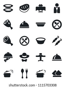 Set of vector isolated black icon - spoon and fork vector, waiter, dish, restaurant table, cafe, plates, dress code, steak, kebab, ham, bowl, steaming pan, serviette