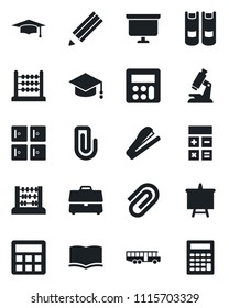 Set of vector isolated black icon - airport bus vector, checkroom, book, calculator, graduate, abacus, presentation board, microscope, case, paper clip, pencil, stapler