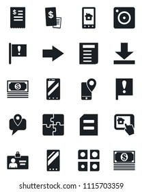 Set of vector isolated black icon - right arrow vector, mobile phone, identity card, document, important flag, cash, tracking, camera, download, application, restaurant receipt, home control app