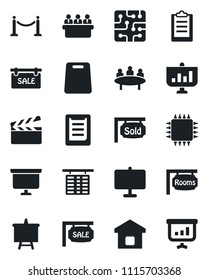 Set of vector isolated black icon - fence vector, flight table, presentation board, meeting, clipboard, clapboard, sale, rooms, sold signboard, smart home, cutting, chip