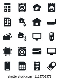 Set of vector isolated black icon - calculator vector, monitor, phone back, sim, washer, smart home, credit card, control, chip, remote, router, usb flash