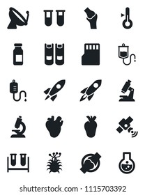 Set of vector isolated black icon - satellite antenna vector, book, blood test vial, dropper, microscope, ampoule, real heart, joint, virus, sd, thermometer, rocket, flask