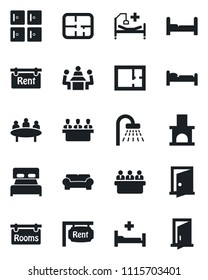 Set of vector isolated black icon - bed vector, shower, checkroom, meeting, fireplace, hospital, plan, rent, rooms, bedroom, cushioned furniture, door