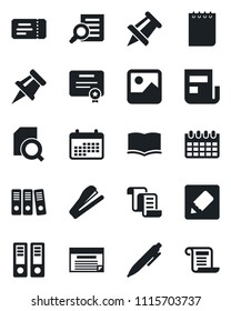 Set of vector isolated black icon - ticket vector, contract, book, office binder, document search, pen, notepad, drawing pin, calendar, gallery, notes, news, paper, stapler, schedule, certificate