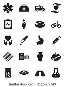 Set of vector isolated black icon - doctor case vector, syringe, dropper, pills, bottle, blister, ambulance star, car, bike, heart hand, stomach, lungs, real, eye, pulse clipboard, diet, hospital