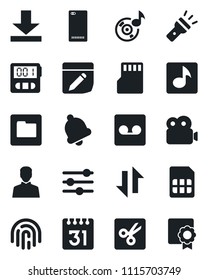 Set of vector isolated black icon - phone back vector, tuning, user, stopwatch, bell, record, sd, sim, folder, calendar, notes, data exchange, download, torch, cut, fingerprint id, music, video