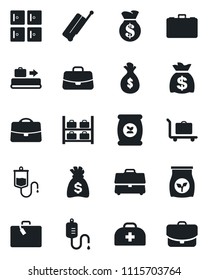 Set of vector isolated black icon - suitcase vector, baggage conveyor, trolley, luggage storage, checkroom, case, money bag, fertilizer, doctor, dropper