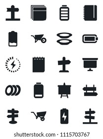 Set of vector isolated black icon - signpost vector, notepad, presentation board, wheelbarrow, battery, low, charge, blank box, plates, guidepost
