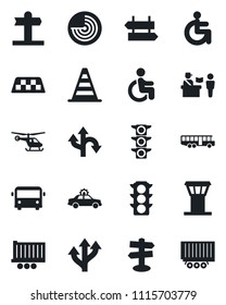 Set of vector isolated black icon - airport tower vector, taxi, bus, passport control, signpost, alarm car, border cone, radar, helicopter, disabled, route, traffic light, truck trailer