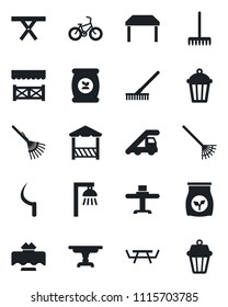 Set of vector isolated black icon - ladder car vector, rake, sickle, garden light, picnic table, fertilizer, bike, restaurant, alcove, outdoor lamp