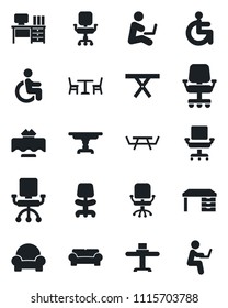 Set of vector isolated black icon - cafe vector, office chair, desk, picnic table, disabled, cushioned furniture, restaurant, man with notebook