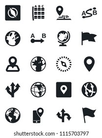 Set of vector isolated black icon - globe vector, seat map, route, navigation, earth, pin, mobile tracking, network, place tag, compass, flag