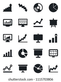 Set of vector isolated black icon - growth statistic vector, presentation board, crisis graph, circle chart, monitor pulse, statistics, bar, pie, point