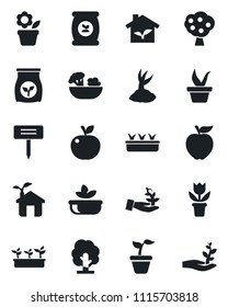 Set of vector isolated black icon - flower in pot vector, seedling, tree, sproute, plant label, fertilizer, fruit, salad, apple, eco house, palm